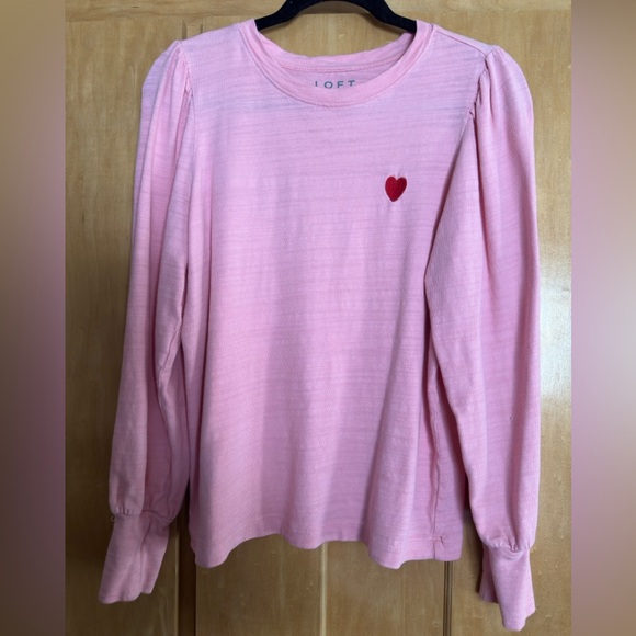 LOFT Tops - 💗 LOFT pink long-sleeved tee with adorable red embroidered heart medium